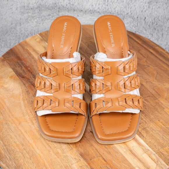 Marc Fisher Sandals Womens 7 M Melita Brown Slip on Strappy Slip-On Block Heels - Picture 2 of 6